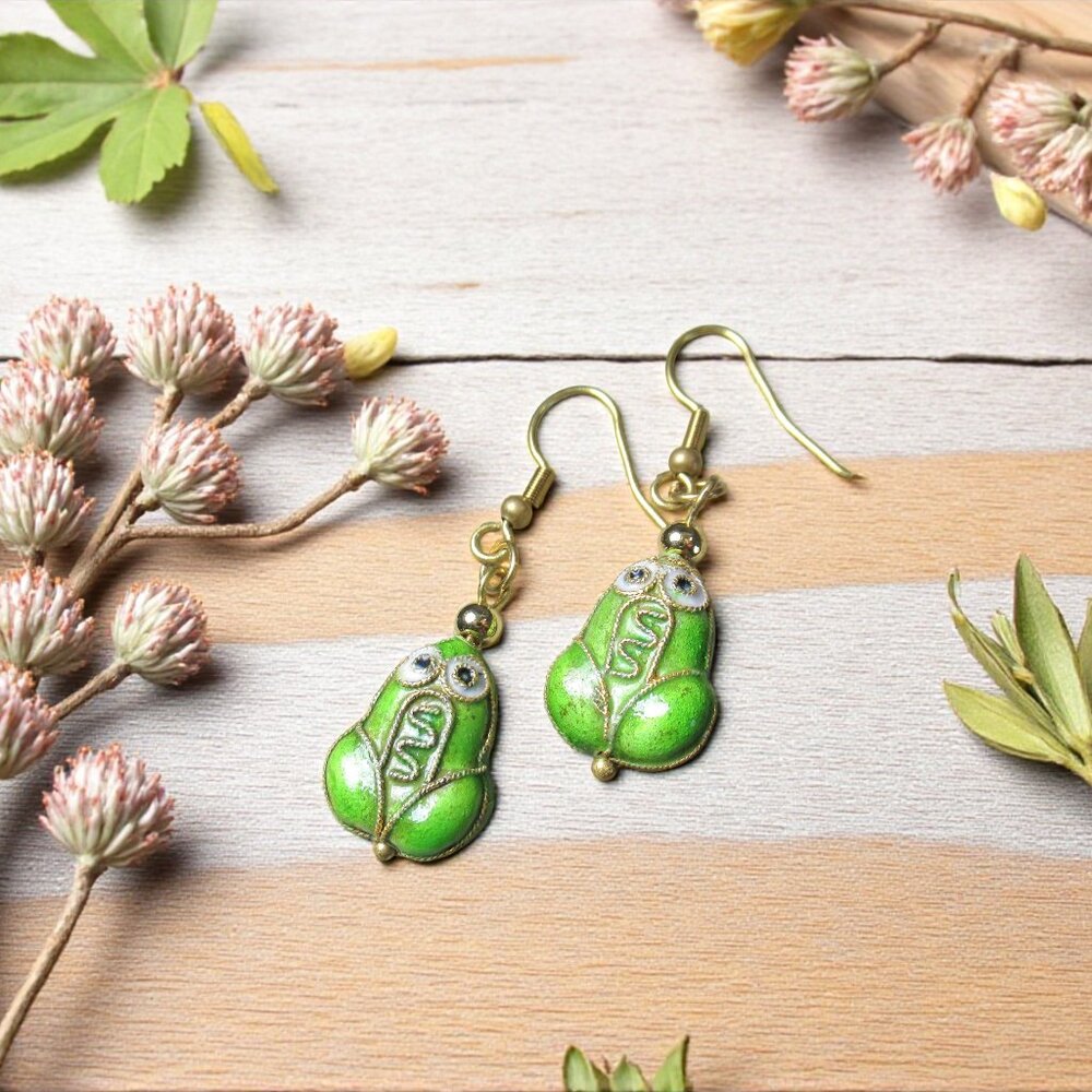 Frog Cloisonne Earrings, Light Green Enamel Pierced Earrings